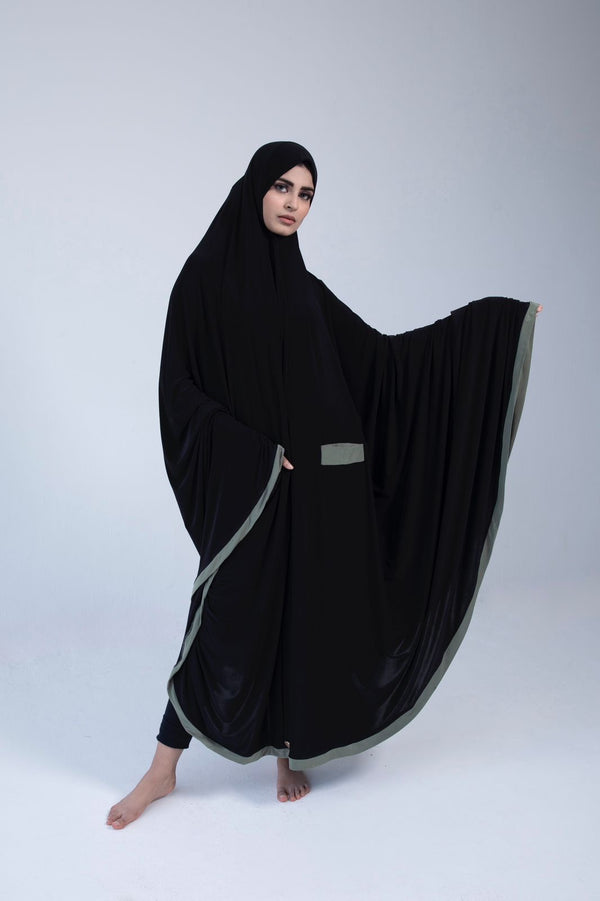 Ankle Length Burka Black with Olive Contrast
