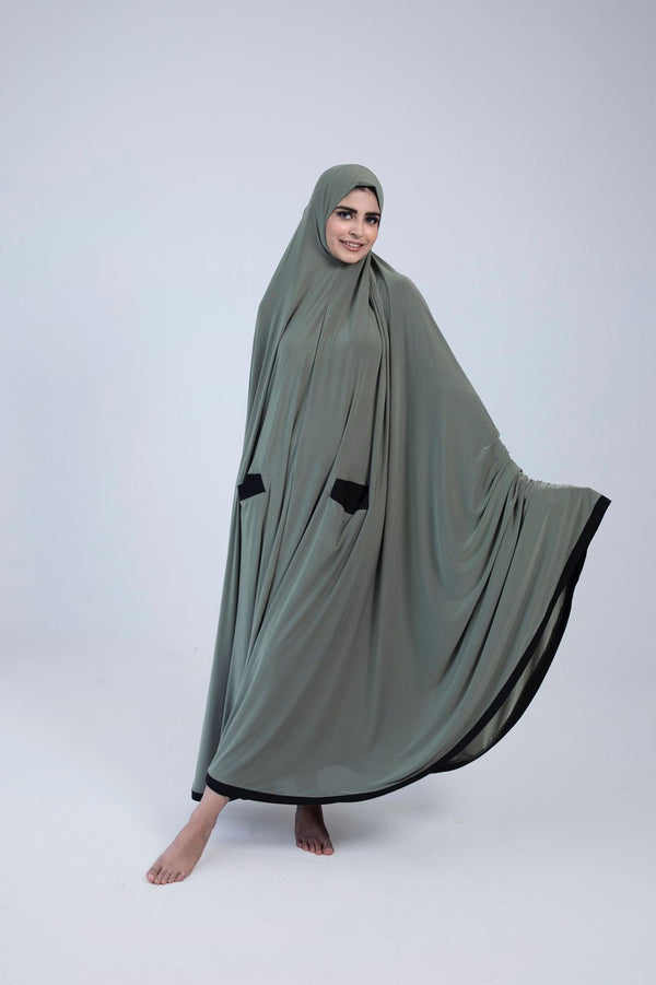 Ankle Length Burka Olive with Black Contrast