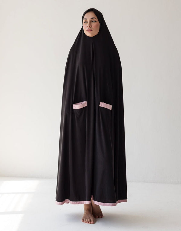 Ankle Length Burka Black With Pink Contrast