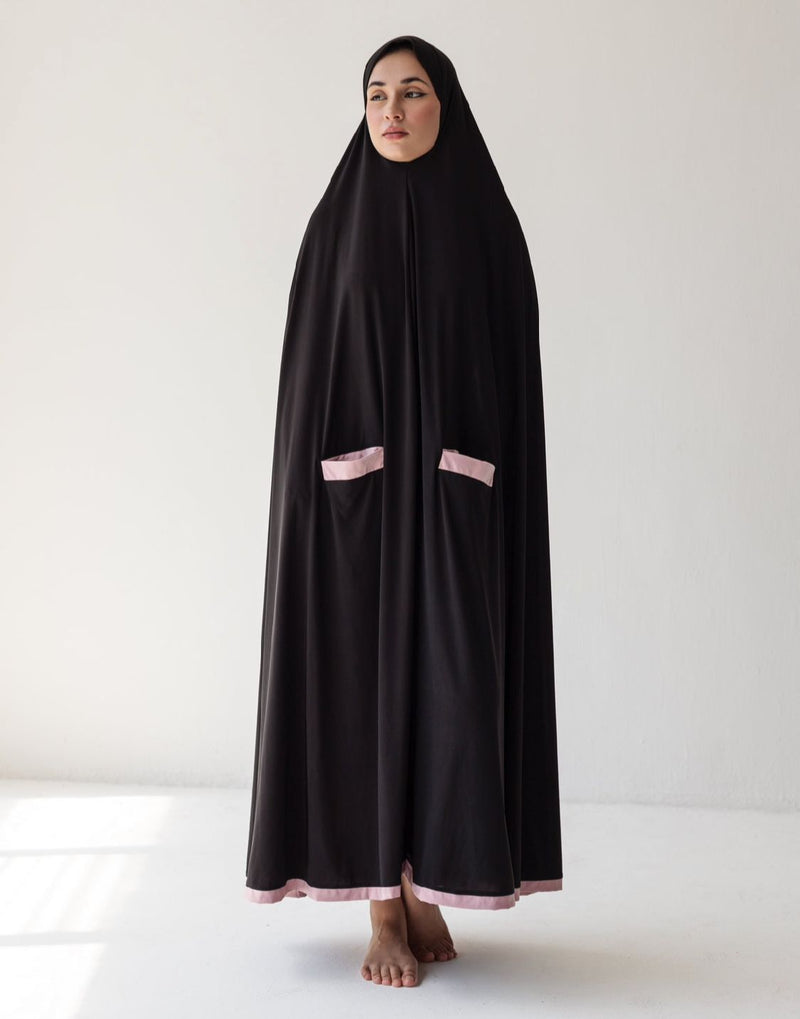 Ankle Length Burka Black With Pink Contrast
